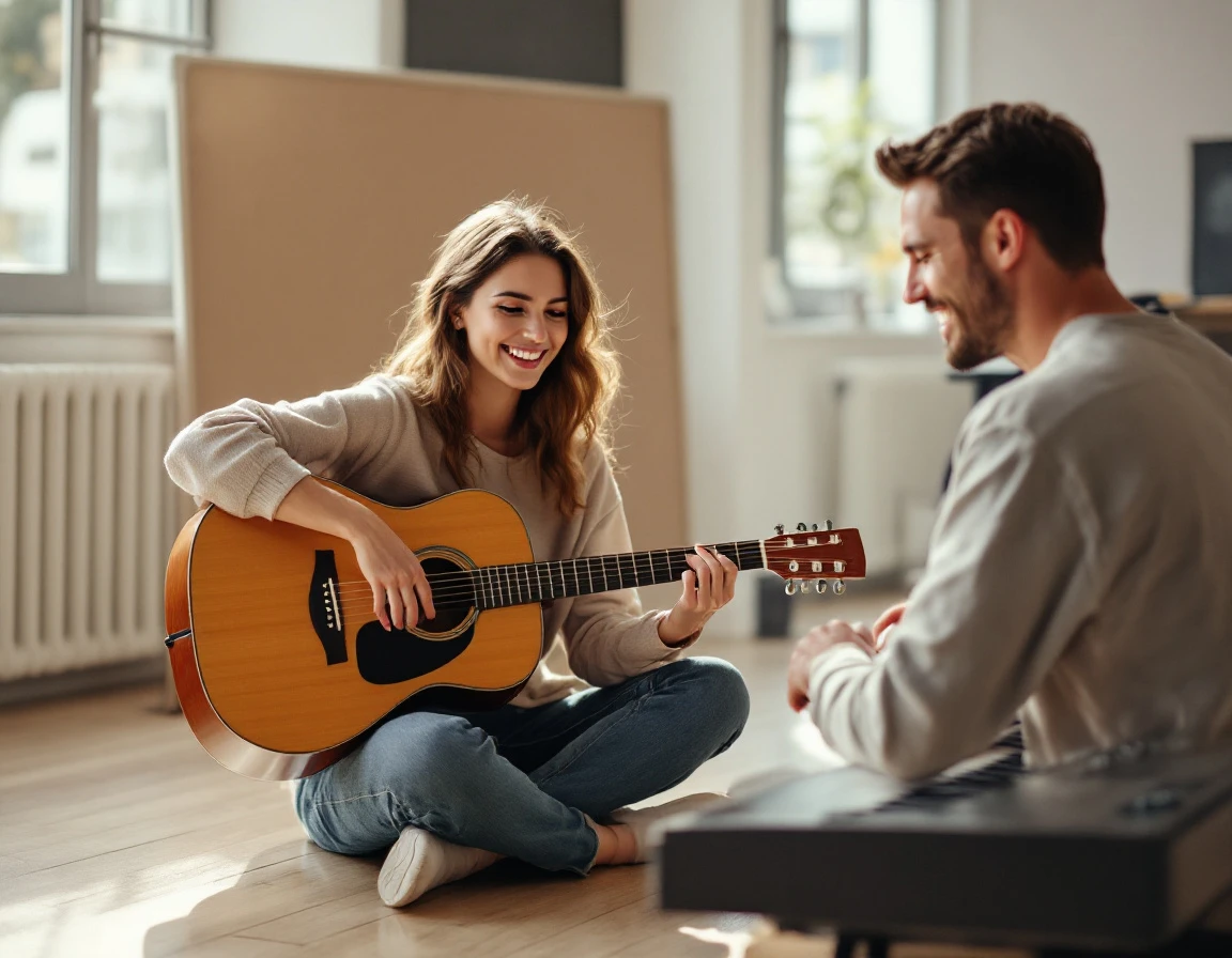 AI-generated scene of fictional adults practising guitar and keyboard